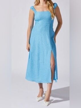 NWT Astr the Label Square Neck Blue Midi Dress with Side Slit